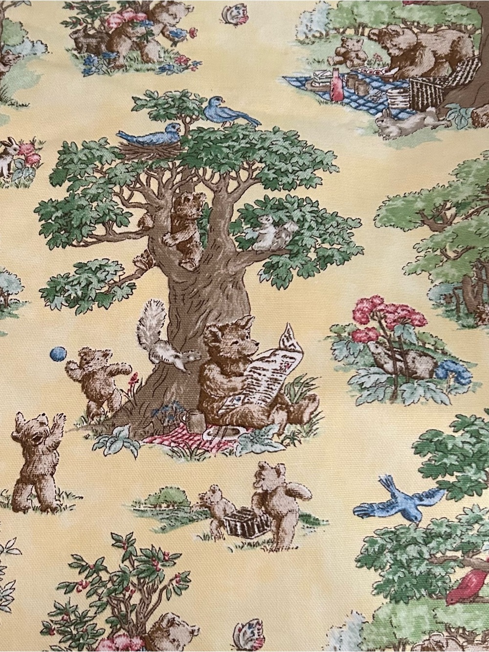 Retired Waverly Yellow and Green “Bear Necessities” Toile Fabric 1 & 1/2 yds